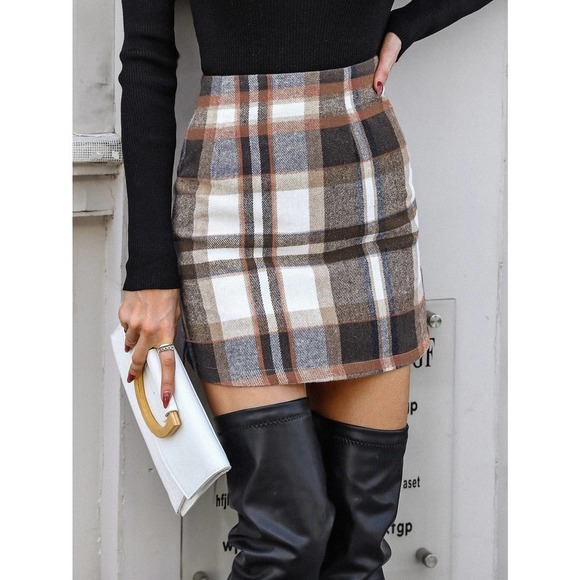 BohoGypsyDreamer.com Dresses & Skirts - 🌷 NWT Plaid Wool Blend High Waist Mini Skirt Neutral Tones Size Small 🌷